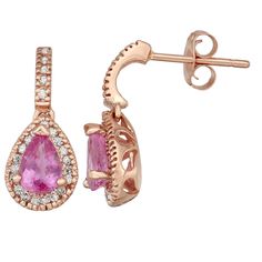 Crafted from 14k gold, and adorned with pear-cut pink sapphires and diamond accents, these teardrop earrings offer an elegant look you'll love. Crafted from 14k gold, and adorned with pear-cut pink sapphires and diamond accents, these teardrop earrings offer an elegant look you'll love. Length: 5/8 in. Backings: post Metal: 14k gold Plating: rhodium Finish: polished Packaging: boxed STONE DETAILS Stone type: pink sapphire Center stone size: 6 mm x 4 mm Shape: pear Setting: prong DIAMOND DETAILS Pink Diamond Teardrop Earrings, Pink Teardrop Diamond Earrings, Pink Teardrop Earrings With Prong Setting, Pink Teardrop Jewelry With Prong Setting, Pink Teardrop Jewelry With Halo Setting, Fine Jewelry Pink Teardrop Earrings, Post Metal, Rose Gold Pink, Pear Cut