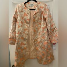 Nwt Helene Berman Orange And Gold Patterned Coat . Size 8 Fitted Orange Blazer With Long Sleeves, Orange Fitted Formal Outerwear, Formal Fitted Orange Outerwear, Tailored Long Sleeve Orange Outerwear, Elegant Fitted Orange Outerwear, Elegant Long Sleeve Orange Blazer, Spring Formal Orange Outerwear, Orange Formal Outerwear For Spring, Formal Orange Outerwear For Spring