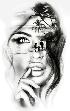 a drawing of a woman's face with people on the beach in the background