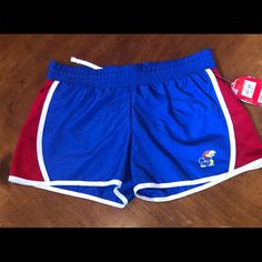 Brand New Never Worn. Perfect Condition. Casual Shorts For Cheerleading During Sports Season, Casual Cheerleading Shorts, Casual Shorts For Cheerleading, Blue Sports Shorts With Elastic Waistband, Casual Blue Athletic Shorts For Sports Events, Blue Shorts For Sports Season, Retro Blue Athletic Shorts, Kansas University, University Of Kansas