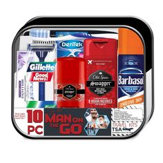 All your travel essentials for men in one travel kit featuring great brands. Contains travel essential toiletries: Barbasol Shave Cream 2.4 oz., Gillette Good News Disposable Twin Blade Razor, Old Spice Swagger Body Wash 3 oz., Old Spice Swagger Deodorant .5 oz., Crest Toothpaste .85 oz., Toothbrush, Toothbrush Cover, Dentek ADA Accepted Flossers 3 ct., Comb, TSA Compliant Quart Size Zip Top Bag in Clear front and back rectangular bag with black piping. Great travel kits for the gym, hospital ba Travel Essentials For Men, Toothbrush Cover, Listerine Cool Mint, Crest Toothpaste, Essentials For Men, Hospital Bag Essentials, Mens Body Wash, Luxury Tote Bags, Travel Size Toiletries