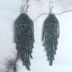 These earrings are 4" long and 1" wide Materials:  - Earring wire is 21g Electroplated Brass - Nickel-Free - Beads are semi-transparent glass beads with a sparkly center. Note: This is a hand-crafted item and each has it's own unique charm. Party Beaded Earrings With Silver Round Beads, Silver Beaded Earrings For Evening, Beaded Dangle Chandelier Earrings For Party, Beaded Drop Earrings For Party, Silver Beaded Earrings With Dangling Beads For Party, Party Beaded Drop Earrings With Ear Wire, Party Beaded Drop Earrings With Faceted Beads, Beaded Metal Chandelier Earrings For Party, Silver Beaded Dangling Earrings For Party