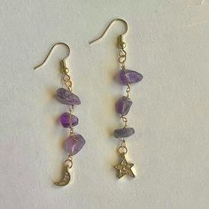 Celestial Moon & Star Healing Crystal Earrings - Amethyst Crystal Crescent Moon Sparkly Gold Earrings - Spiritual Jewelry - Dangly Drop Earrings - An Amethyst Crystal Is A Natural Stress Reliever That Encourages Inner Strength And Peace. Amethyst Stimulates The Crown Chakra And Is An Aid In Meditation, Helping You To Calm Your Thoughts. Energy Wise, An Amethyst Crystal Has Very Powerful Purifying, Healing And Transforming Properties. - Bundle And Save! I Accept Most Offers :) Boho, Bohemian, Rei Home Made Crystal Jewelry, Crystal Jewelry Business, Light Worker, Homemade Earrings, Urban Outfitters Jewelry, Stone Accessories, Reiki Meditation, Yellow Jewelry, Hippie Earrings