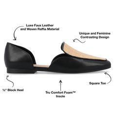 The Kennza loafer flat from Journee Collection features a modest 1/2-inch block heel, providing subtle elevation and comfort. The slip-on design and square toe style add convenience and a contemporary flair. Man-made upper material and 4 mm Tru Comfort Foam™ footbed prioritize both durability and comfort for a stylish and easy-to-wear option. Workwear Faux Leather Slip-ons With Flat Heel, Modern Black Slip-on Pointed Toe Flats, Chic Synthetic Slip-on Ballet Flats, Spring Flat Faux Leather Slip-ons, Office Faux Leather Flats With Flat Heel, Spring Faux Leather Flats Medium Width, Spring Medium Width Faux Leather Flats, Spring Faux Leather Medium Width Flats, Synthetic Closed Toe Slip-ons For Office