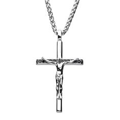 Men's Cross Pendant with Black CZ Jesus Christ Crucifix Luxury Men's Crucifix Necklace, Black Spiritual Chain Necklace, Spiritual Black Chain Necklaces, Spiritual Black Chain Necklace, Crucifix Cross Necklace With Box Chain, Black Engraved Crucifix Necklace, Black Crucifix Necklace Engraved, White Gold Crucifix Necklace With Silver Chain, Classic Engraved Crucifix Necklace