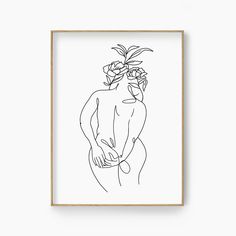 a black and white line drawing of a naked woman with flowers in her hair, against a white background