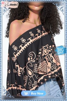 Ethnic Lantern Sleeve Cold Shoulder Loose T-shirt Bohemian Patterned Blouse With Graphic Print, Bohemian Blouse With Graphic Print In Patterned Color, Patterned Bohemian Blouse With Graphic Print, Long Sleeve Printed T-shirt For Vacation, Patterned Printed Bohemian Tops, Bohemian Patterned Printed Tops, Black Long Sleeve Top With Boho Print, Bohemian Printed Top For Vacation, Black Boho Print Tops For Spring