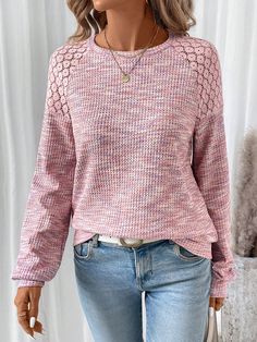 Women's Pink Waffle Lace Patchwork Long Sleeve Sweatshirt, Autumn Pink Casual  Long Sleeve Polyester Plain Pullovers Medium Stretch  Women Clothing, size features are:Bust: ,Length: ,Sleeve Length: Pink Long Sleeve Tops With Lace Patchwork, Pink Long Sleeve Top With Lace Patchwork, Pink Spliced Top For Fall, Casual Long Sleeve Tops With Lace Patchwork, Cotton Long Sleeve Spliced Sweater, Long Sleeve Sweater With Splicing For Spring, Winter Long Sleeve Lace Patchwork Top, Pink Patchwork Crew Neck Sweater, Pink Crew Neck Sweater With Patchwork