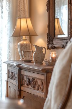 French country living room dining room combo featuring distressed sideboard and elegant chair Blue French Country