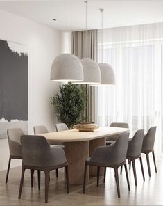 a dining room table with six chairs and a large painting on the wall behind it