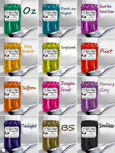 many different colors of toothpaste on a white background with the names of them