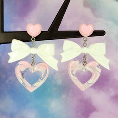 "Cute heart earrings - Valentine's Day earrings - pink and white coord - Halloween costume accessories - statement earrings - post dangle earrings - Lolitafashion Cute heart and bow earrings perfect with any pink style outfit! Stay fun and fashionable in these pink and white heart earrings.  12mm wide plastic and silicone rubber backings included for comfort **Stainless steel earring posts are hypoallergenic and nickel free Made of resin / plastic Charms are one sided and flat on the back Earrin White Heart-shaped Jewelry For Birthday, Playful Pink Earrings For Valentine's Day, Pink Kawaii Jewelry For Valentine's Day, Kawaii Pink Jewelry For Valentine's Day, White Heart Beads Drop Earrings, White Earrings For Valentine's Day Party, White Drop Earrings With Heart Beads, Sweet White Jewelry With Cute Design, White Kawaii Earrings For Party