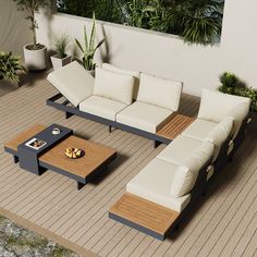 a couch and coffee table on a deck