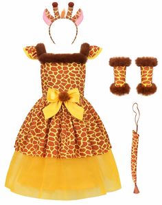 a giraffe print dress with matching headband, booties and hair clip