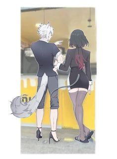 two anime characters standing next to each other