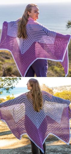 two pictures of a woman wearing a purple crocheted shawl