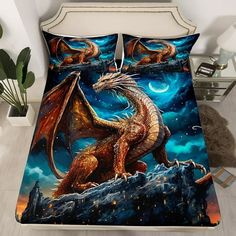 a bed with a dragon on it in the middle of a night sky and stars