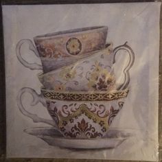 a painting of three cups and saucers