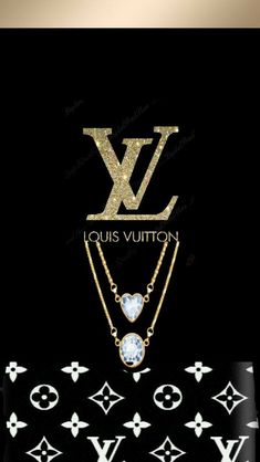 the louis vuitton necklace is on display in front of a black background with gold lettering