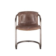 a brown leather chair with metal frame and armrests on an isolated white background