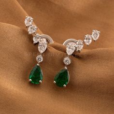 Zambian Emerald H/SI Diamond Climber Earrings 18k White Solid Gold 1.90 Tcw Diamond Buttalu, Diamond Emerald Earrings, Diamond Climber Earrings, Amna Khan, Bridal Earrings Studs, Crawler Earrings, Emerald Diamond Earrings, Crawlers Earrings, White Gold Studs