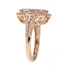 This gorgeous Gin& Grace 14k rose gold Genuine morganite and Natural diamond ring is crafted from fine and sturdy materials to combine grace and durability. This jewelry is sure to offer an elegant look to any outfit and any occasion. Gemstone colors: Pink Gemstone shapes: Oval-cut One prong-set Oval-cut Genuine Morganite measures 11 mm wide x 15 mm long Gemstone weight: 6 3/8 carats Total gemstone weight: 6 3/8 carats Diamonds:82 Diamond cut: Natural Round Diamond measurements: Each measures 1 Luxury Morganite Diamond Ring With Accents, Luxury Morganite Diamond Ring With Diamond Accents, Luxury Morganite Ring With Prong Setting, Luxury Morganite Diamond Ring With Prong Setting, Formal Rose Gold Morganite Diamond Ring, Luxury Morganite Diamond Ring With Halo Setting, Luxury Rose Gold Morganite Diamond Ring, Fine Jewelry Morganite Diamond Ring In Rose Gold, Fine Jewelry Rose Gold Morganite Diamond Ring