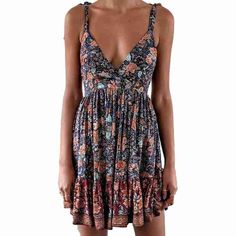 Backless V-neck Low-cut Print Flowery Party Mini Dress Short Holiday Dresses, Short Skater Dress, Boho Print Dress, Backless Dress Summer, Printed Short Dresses, Beach Mini Dress, Boho Mini Dress, Mini Sundress, Mini Dresses For Women