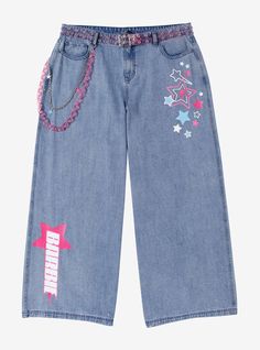 Whether you're rollerskating in Malibu or going on a shopping spree  channel your inner Barbie with these wide leg jeans! They feature her name printed on one leg in a retro font  her silhouette printed on the back pocket plus a cluster of stars on the other hip. Comes with a pink jelly belt and a matching pink chain.98% cotton; 2% other fiberWash cold; dry lowChain & belt includedImported Cluster Of Stars, Jeans With Belt, Pink Chain, Y2k Star, Belt Chain, Funky Outfits, Retro Font, Star Jeans, Kawaii Clothes