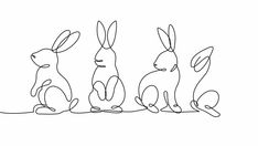 three rabbits sitting next to each other on a white surface with one line drawing in the middle