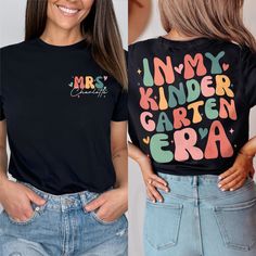 two women wearing t - shirts that say, my kinder garden era