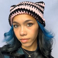 Crochet Striped Cat Ear Beanie, crocheted by me:) 💗Message me for any color or size customizations *Like most hats, this crochet hat will stretch out over time and mold to the shape of your head! 💗Measurements💗 Height: 7  inches Circumfrance: 22 inches 💗More cat beanies💗 Pink 2 Stripe cat beanies: https://www.etsy.com/listing/1397483846 Multi color 2 stripe cat beanies: https://www.etsy.com/listing/1411641145 3 stripe cat beanies: https://www.etsy.com/listing/1417539610 Spider-Man cat beanie: https://www.etsy.com/listing/1390640165 Scrap yarn striped cat beanie: https://www.etsy.com/listing/1382043774 Heart Cat beanie: https://www.etsy.com/listing/1378464588 Cat beanie with fluffy brim: https://www.etsy.com/listing/1398593431 Black cat beanie with fluffy brim: https://www.etsy.com/lis Spider Man Cat, Black And Pink Crochet, Striped Cat Ear Beanie, Cat Beanies, Cat Ear Beanie, Bonnet Au Crochet, Ear Beanie, Cat Eared Beanie, Cat Beanie