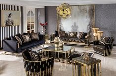 a living room filled with black and gold furniture