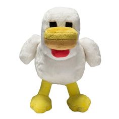 a white stuffed duck with a yellow beak and red tongue, standing upright on a white background