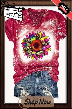 Sunflower Tie Dye Print V Neck T-shirt Red Printed V-neck T-shirt, Casual Tie Dye Tops With Floral Print, Multicolor Floral Print V-neck T-shirt, Tie Dye Floral Print Summer Top, Summer Floral Print Tie Dye Top, Tie Dye Floral Print Top For Summer, Multicolor Sunflower Print Top For Summer, Red Floral Print T-shirt For Summer, Red Floral Print Short Sleeve T-shirt