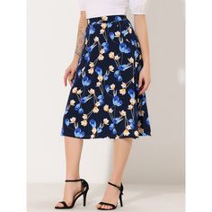 This chic, A-line midi skirt has a natural waist fit and a flared hem shaped by chiffon fabric. Hidden side zipper and pocket. Pair it with the matching top for a complete look. Easily teamed with a tucked-in blouse and high heels for a polished look. Gauzy woven fabric is dressed up with abstract white floral prints, shaping this whimsical skirt that falls from a natural waist into a twirly midi skirt creating a flattering, tailored fit. Chic Blue Knee-length Pleated Skirt, Spring Blue Pleated Midi Skirt, Spring Blue Midi Pleated Skirt, Blue Midi Length Pleated Skirt For Summer, Blue Knee-length Pleated Skirt For Spring, Floral Print Knee-length Skirt For Work, Knee-length Floral Print Skirt For Work, Workwear Floral Print Knee-length Skirt, Floral Print Flared Skirt For Workwear