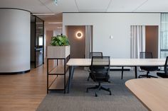 an office with two desks and chairs in the middle, one has a potted plant on it