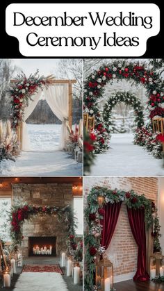 Wedding Arch Ideas Christmas, Flowers For A December Wedding, Christmas Castle Wedding, Winter Colors Wedding, Christmas Ceremony Wedding, Christmas Wedding Pew Decorations, Winter Wedding Pew Decorations, Winter Christmas Wedding Ideas, Winter Mountain Wedding Decor