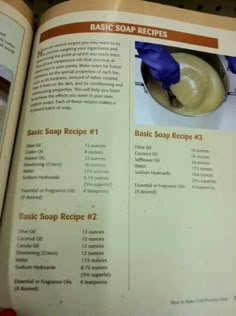 an open recipe book with instructions on how to make soap