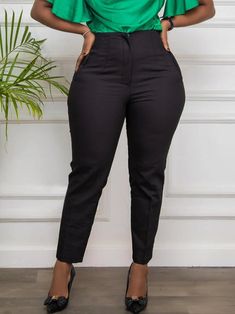 Office Lady Pants With Pockets, Black Office Lady Bottoms For Spring, Black Spring Office Bottoms, Black Spring Bottoms For Office, Black Ankle-length Dress Pants For Office, Stretch Work Pants With Pockets For Office, Black Work Pants With Pockets For Office, Business Casual Office Lady Trousers, Spring Office Chic Bottoms