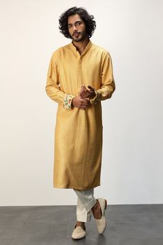 Yellow long kurta with thread embroidery all over and printed cuffs. Paired with a white dhoti pant. - Aza Fashions Long Kurta, Dhoti Pants, Thread Embroidery, Band Collar, Pants Pattern, Pant Set, Embroidered Silk, Aza Fashion, Pants Set