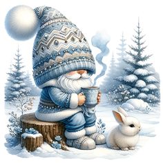 a painting of a gnome with a cup and bunny in the snow next to trees