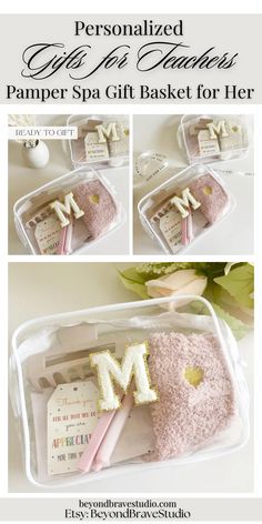 some type of gift set in a plastic container with the letter m on it and other items