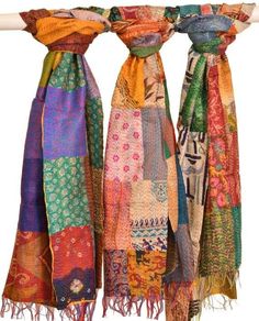 "Wholesale Assorted Indian Silk Kantha Patchwork Scarf Handmade Fine Silk Kantha Work Scarves Women's Fashionable All Season Scarf, Scarves -  SIZE:  Apprx - 18X72\" Fabric: 100% Silk Work: Hand Kantha Embroidery Size: Length: 72, Width: 18 Inches (182.88 X 45.72 CM) Beautiful assorted colors will be sent.Hand Knitted, Reversible, All Season, Unisex, Light Weight, Easy to care Wash Care: Dry Clean. (Buyers are responsible for any customs/vat/taxes)" Patchwork Scarf Folksy, Sew Flannel Scarf, Kantha Silk, Bohemian Scarves, Patchwork Scarf, Embroidered Scarf, Reversible Scarf, Boho Scarfs, Scarf Handmade