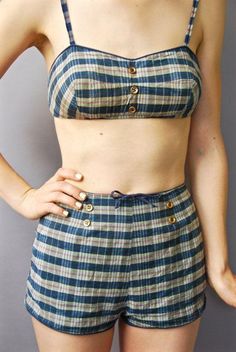 Plaid Swimsuit, Crochet Bathing Suit, Vintage Summer Outfits, Crochet Bathing Suits, 50s Style