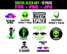 various alien stickers and decals are shown in this graphic design for the digital alien art to pack svg - png - jpg