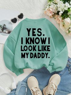 Mint Green Casual Collar Three Quarter Length Sleeve Knitted Fabric Slogan Pullovers Embellished Slight Stretch  Tween Girls Clothing Cute Outfits For 8-9, Clothes School Outfits, Cute Outfits With Shorts, Cute Sweats, Teen Stuff, Girls Sweatshirts, Cute Dress Outfits, Quick Outfits, Cute Preppy Outfits