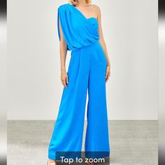 Do + Be Brand One Shoulder Draped Jumpsuit Blue Summer Pantsuit For Party, Blue Pantsuit For Summer Party, Elegant Blue Pantsuit For Wedding, Elegant One-shoulder Blue Jumpsuits And Rompers, Elegant Blue One-shoulder Jumpsuit, Elegant Blue Wedding Jumpsuits And Rompers, Fitted Blue Pantsuit For Wedding, Blue Fitted Pantsuit For Weddings, Elegant Blue Pantsuit For Party