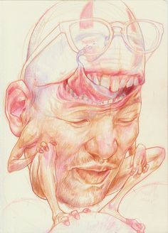 a drawing of a man's head with glasses on top of his head and another person's face in the background