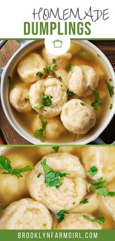 dumplings in a white bowl with parsley garnish on top and the words homemade dumplings above it