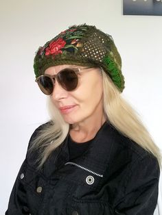 Green Wool Beanie Hat for Women Floral Embroidered Warm Slouchy Beanie This green embroidered beanie hat is designed and handmade by me. The wool crochet beanie is made of very soft olive green angora wool yarns, floral patches,sequins fabric,Preciosa glass beads. Hat trim circumference: About 61 cm/ 24 inches This winter boho woman beanie is very lightweight,stretchy and comfortable!Machine wash on a gentle program. This unique handmade hat could be your jewelry, fashion accessory and stylish a Green Bohemian Crochet Beanie Hat, Handmade Green Bonnet, One Size Fits Most, Green Handmade Bonnet One Size Fits Most, Handmade Green Bonnet One Size, Green Brimmed Beanie, One Size Fits Most, Green Brimmed Beanie (one Size Fits Most), Green Hand Knitted Beanie Cap, Green Hand Knitted Beanie, Green Crochet Beanie Hat, One Size